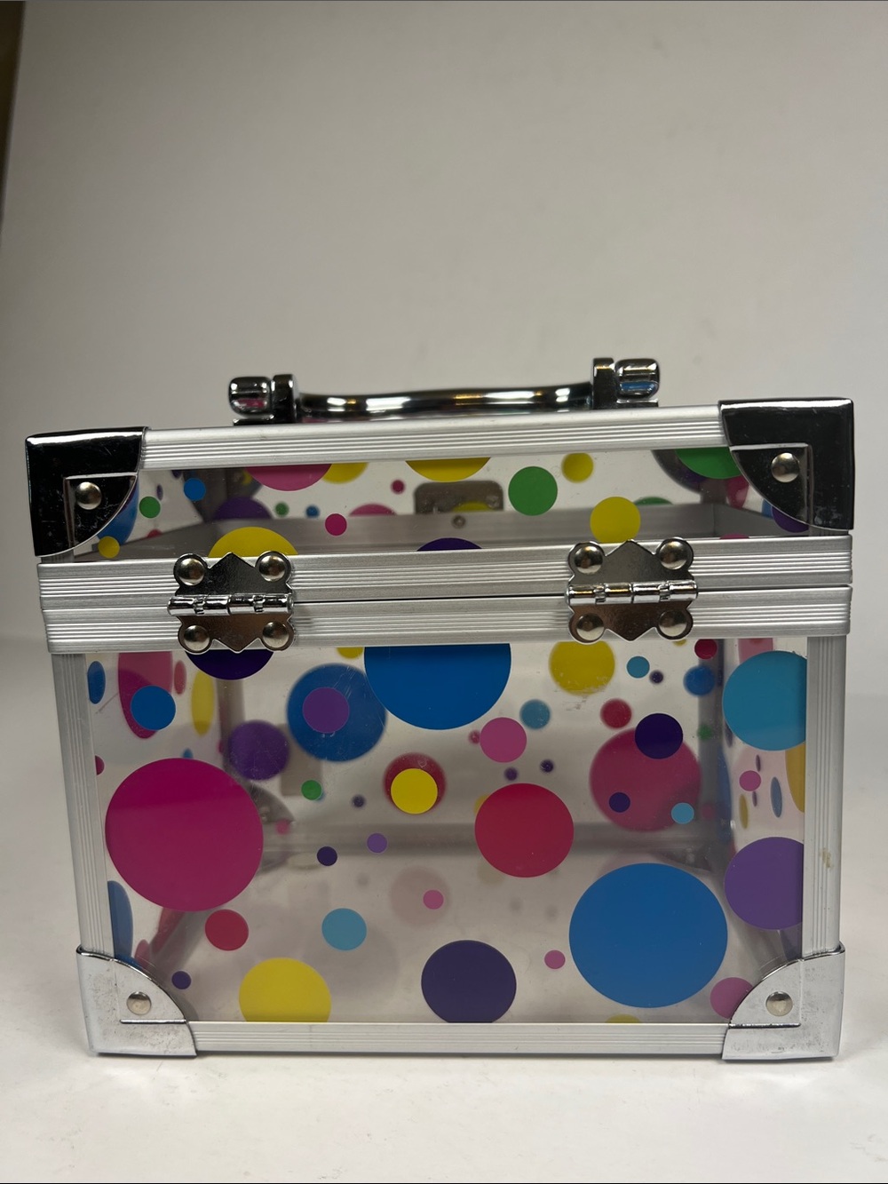 Caboodles Clear Cosmetic Case with Multicolor Polka Dots and Silver Trim - Picture 4 of 8
